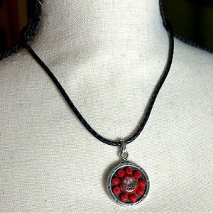 Brighton Pagoda Necklace Leather Cord Chain Silver Plated Red Green Medallion